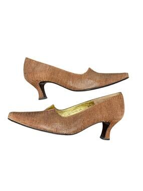 Timothy Hitsman Vintage Brown Leather Snakeskin Kitten Heels Gold Accents Size 7